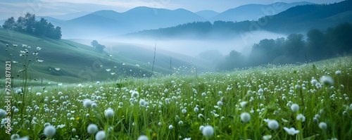 Misty summer morning reveals a vibrant display of white flowers in the Carpathian mountains. Concept Wildflowers, Carpathian Mountains, Misty Morning, Summer, Nature Landscape © Ян Заболотний