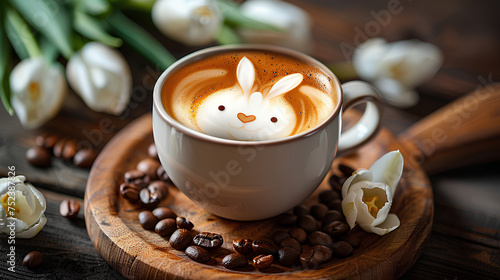 Cup of latte coffee with Easter bunny shape art on foam, top view. Beautiful Easter and spring background. Coffee cup with latte art on wooden table with white tulips and coffe beans. 