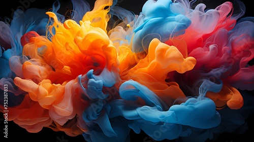 Cobalt blue and fiery crimson liquids collide, generating an explosion of energy that transforms the space into a canvas of captivating abstract patterns, captured flawlessly by an HD camera