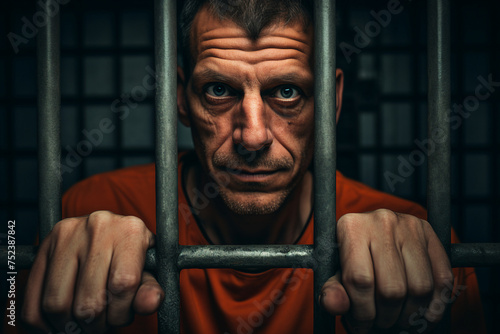 Criminals jailed in prison in orange uniform behind metal bars Generative AI realistic 3D picture