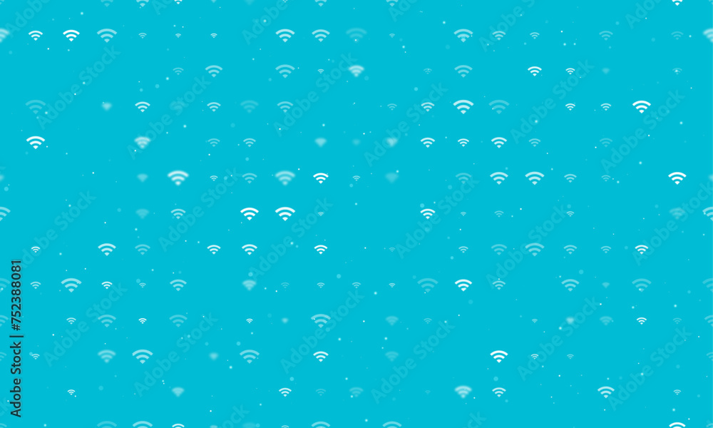 Seamless background pattern of evenly spaced white wifi symbols of different sizes and opacity. Vector illustration on cyan background with stars Seamless background pattern of evenly spaced white wifi symbols of different sizes and opacity. Vector illustration on cyan background with stars