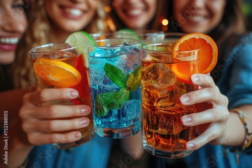 People hands toasting multicolored fancy drinks - Young friends having fun together drinking cocktails at happy hour - Social gathering party time concept