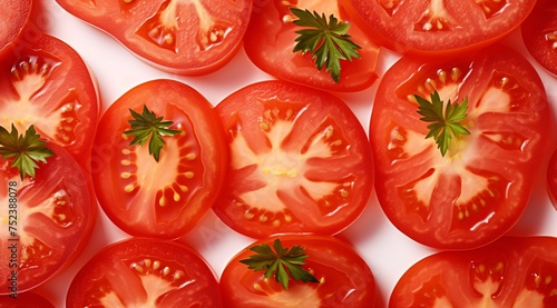 a group of sliced tomatoes with leaves on them © Cazacu