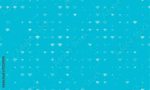 Seamless background pattern of evenly spaced white wifi symbols of different sizes and opacity. Vector illustration on cyan background with stars