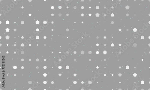 Seamless background pattern of evenly spaced white pentagon symbols of different sizes and opacity. Vector illustration on grey background with stars