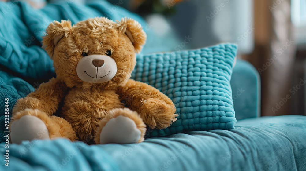 Brown Teddy Bear, Children Friend and Toy Sitting on Blue Sofa in Cozy Living Room.