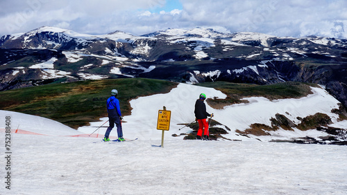 Snow activities in Wyoming. Wonderful and only summer ski area. Spectacular view at Beartooth Highway Summit, Wyoming. A Drive of incredible beauty. Yellowstone. Northwest alpine landscape. Road trip.