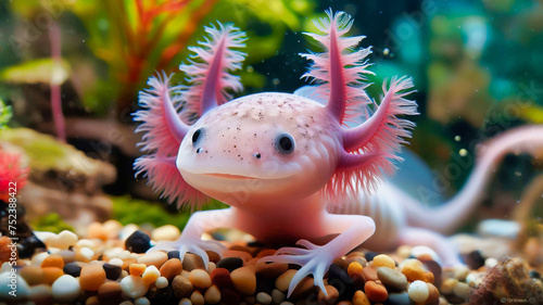 Colorful axolotl in vibrant underwater habitat with pink gills, aquatic life, and pebbles.

