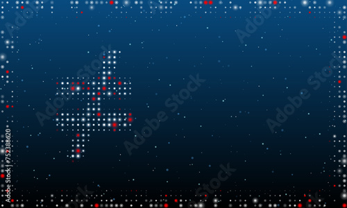 On the left is the not equal symbol filled with white dots. Pointillism style. Abstract futuristic frame of dots and circles. Some dots is red. Vector illustration on blue background with stars