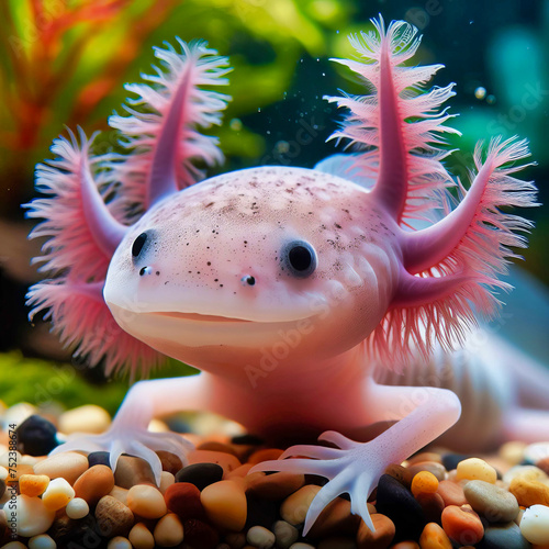 Colorful axolotl in vibrant underwater habitat with pink gills, aquatic life, and pebbles.