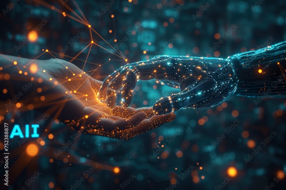 Human hand interacting with a robotic hand on a digital interface background. Human hand interacting with a robotic hand on a digital interface background.