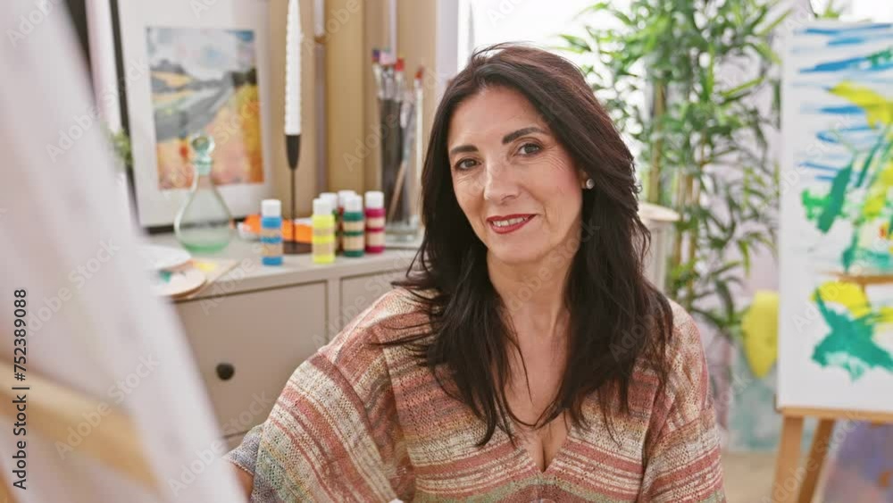 Cheery mature hispanic woman enjoying her time at the art studio, delightedly holding a paint palette with a toothy, confident smile Cheery mature hispanic woman enjoying her time at the art studio, delightedly holding a paint palette with a toothy, confident smile