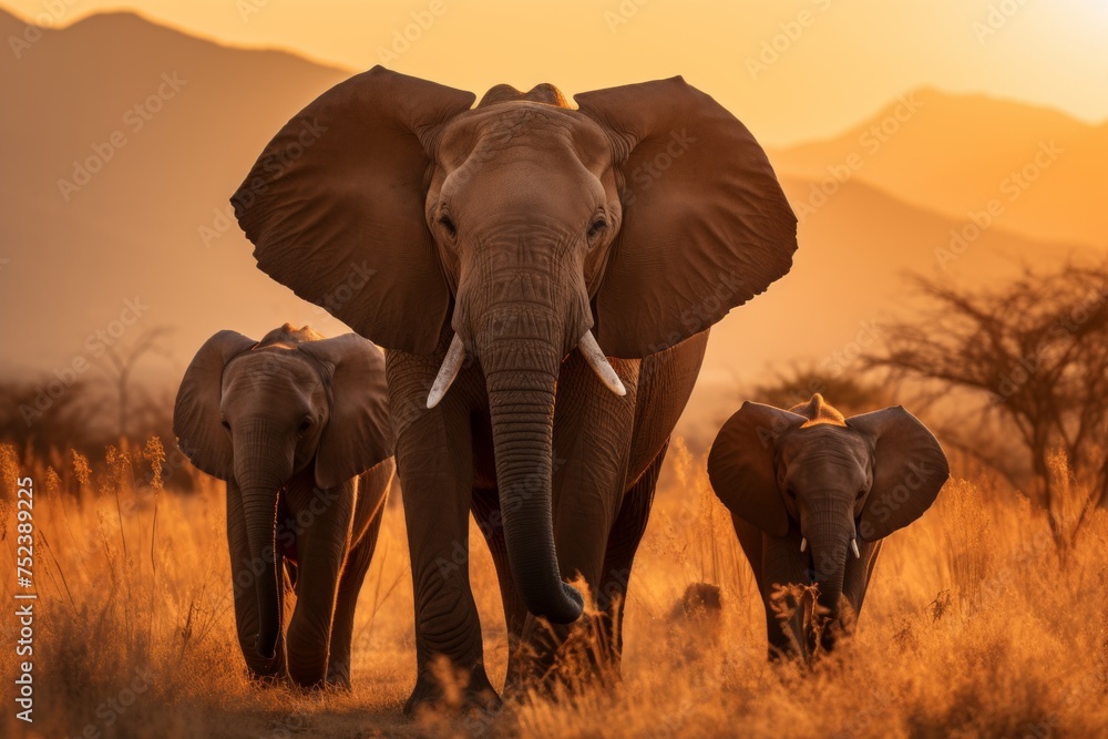 Herd of majestic elephants walking across a golden dry grass field at breathtaking sunset