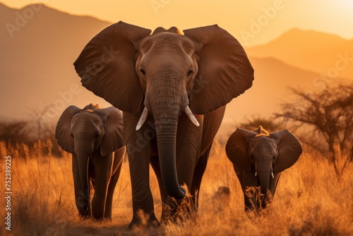 Herd of majestic elephants walking across a golden dry grass field at breathtaking sunset