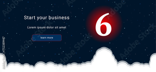 Business startup concept Landing page screen. The number six symbol on the right is highlighted in bright red. Vector illustration on dark blue background with stars and curly clouds from below