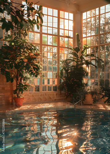 Swimming pool inside a greenhouse with plants and sunny interior design © Nadtochiy