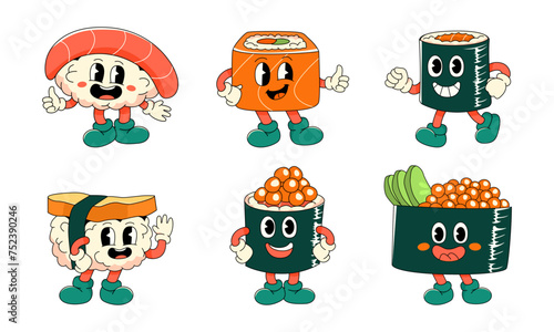 Set of funny Groovy Cartoon Sushi Characters.