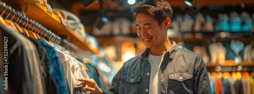 A excited happy young asian man shopping dressing shop, checking the shirt price tag,generative ai