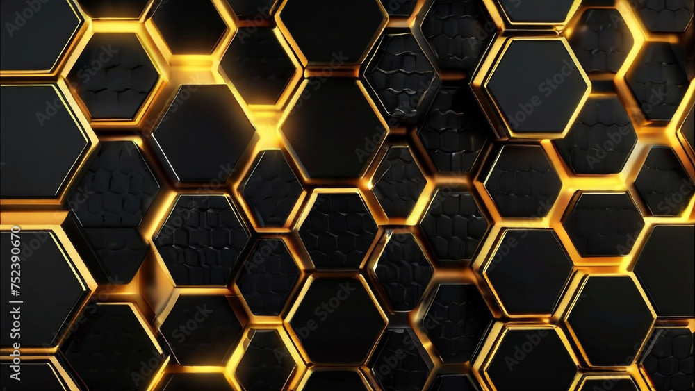 Luxury hexagonal abstract black metal 4K background with golden light lines. Dark 3d geometric texture illustration. Bright grid pattern. Luxury hexagonal abstract black metal 4K background with golden light lines. Dark 3d geometric texture illustration. Bright grid pattern.