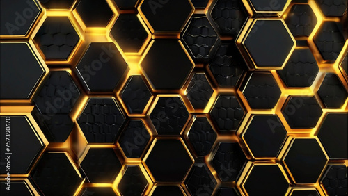 Luxury hexagonal abstract black metal 4K background with golden light lines. Dark 3d geometric texture illustration. Bright grid pattern. © sanstudio