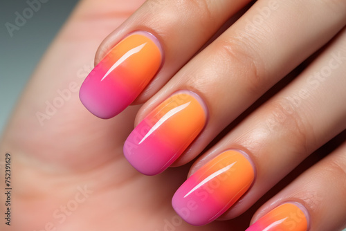Woman s fingernails with bright pink and orange ombre colored nail polish design