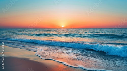 Sunset orange and azure blue, serene beach evening theme, tranquil coastal sunset, soft sand tranquility, relaxing ocean view, calm seaside ambiance, warm sunset glow, peaceful shore relaxation © furyon