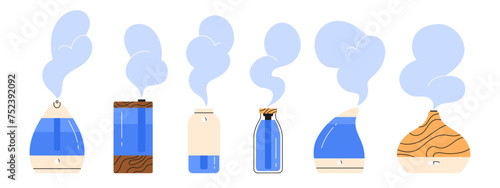 Modern air humidifier, essential oil diffuser collection. Set of cool mist humidifier. Various devices for healthy humidifying the air in the house. Isolated vector illustration in cartoon style