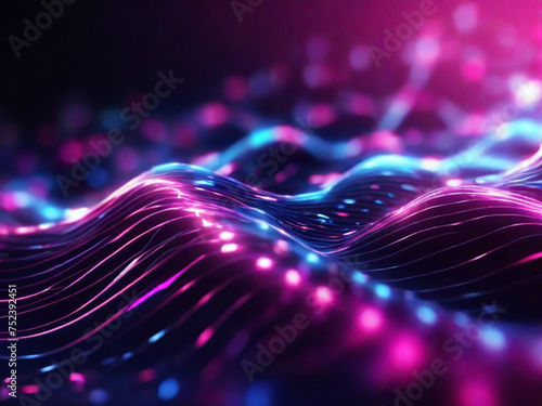 Onda di particelle blu e viola digitali e sfondo astratto di energia con stelle e puntini brillanti
