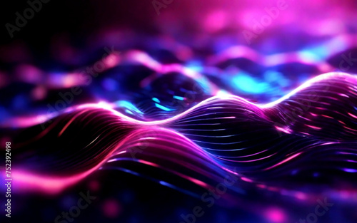 Onda di particelle blu e viola digitali e sfondo astratto di energia con stelle e puntini brillanti