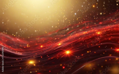 Onda di particelle rosso e giallo digitali e sfondo astratto di energia con stelle e puntini brillanti