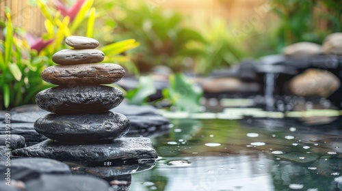 Zen garden concept with balanced stones, calming water features, and green foliage, promoting tranquility and mindfulness.