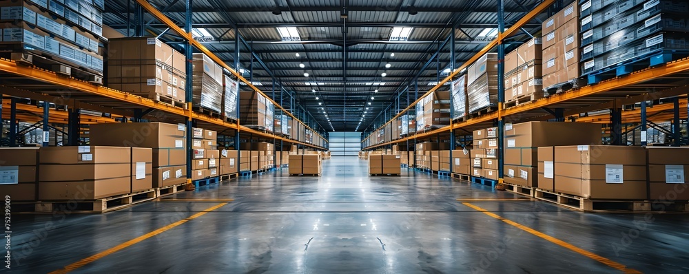 Orderly arrangement of pallets and boxes in a large warehouse. Concept Warehouse Organization, Efficient Storage, Pallet Management, Inventory Control, Logistics Optimization