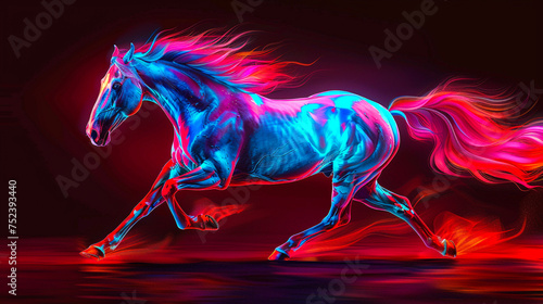 Anime style majestic roan horse galloping with kinetic energy against pure black background vibrant redblue gradient