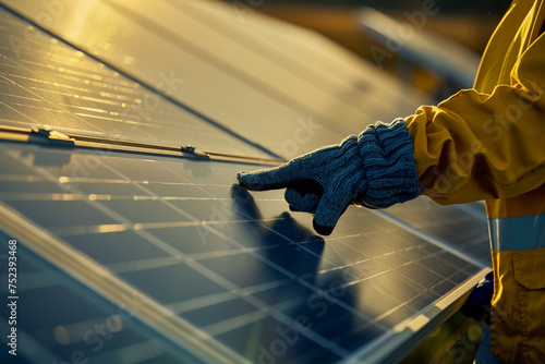 Capturing the intricate details of the woman's gloved hands navigating the touchscreen of the tablet amidst the hum of solar panels photo