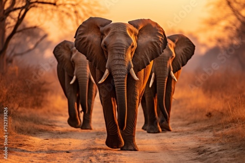 Herd of majestic elephants walking through golden dry grass field at stunning sunset © Ksenia Belyaeva