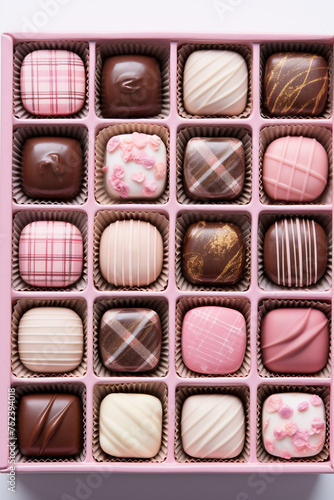 Gingham-printed box of artisan chocolates with a feminine touch. feminine palette сreated with Generative Ai