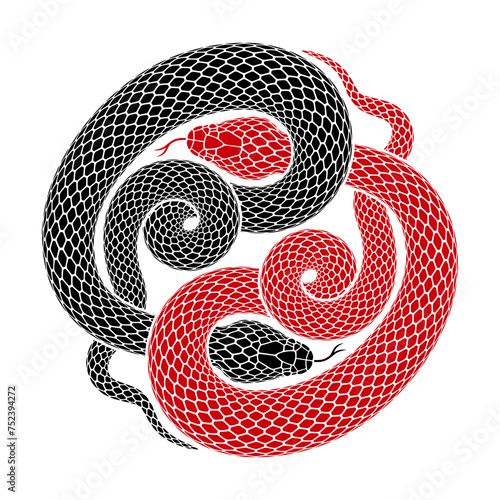 Vector tattoo design of two snakes intertwined in shape of Yin Yang symbol. Isolated black silhouette of taijitu sign of balance and harmony.