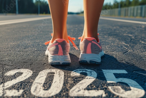 Women's feet in sneakers stand on the asphalt with the inscription 2025 . The athlete is at the start line
