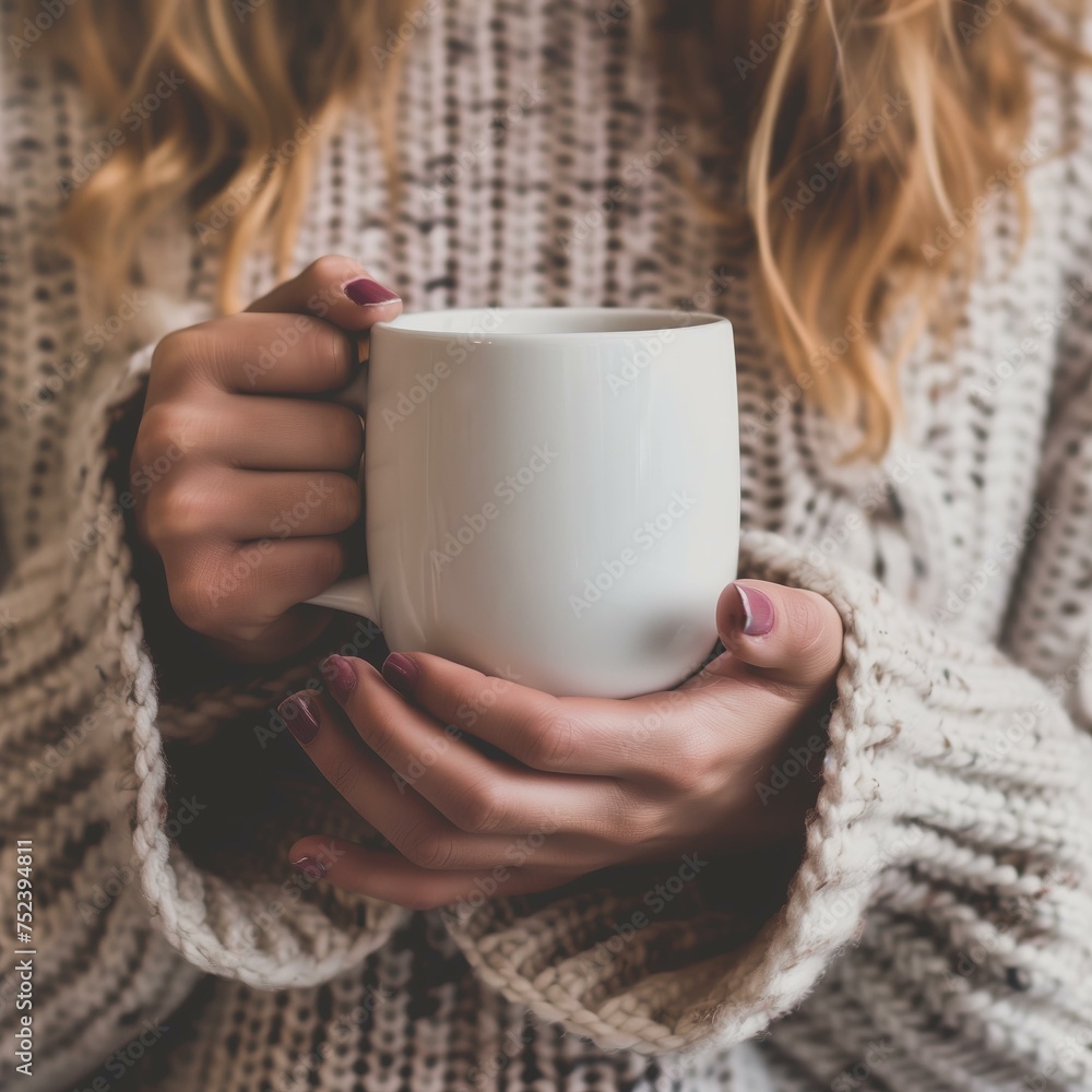 design mockup with a woman in a cosy wool sweater holding a blank white mug, for your printing business design mockup with a woman in a cosy wool sweater holding a blank white mug, for your printing business