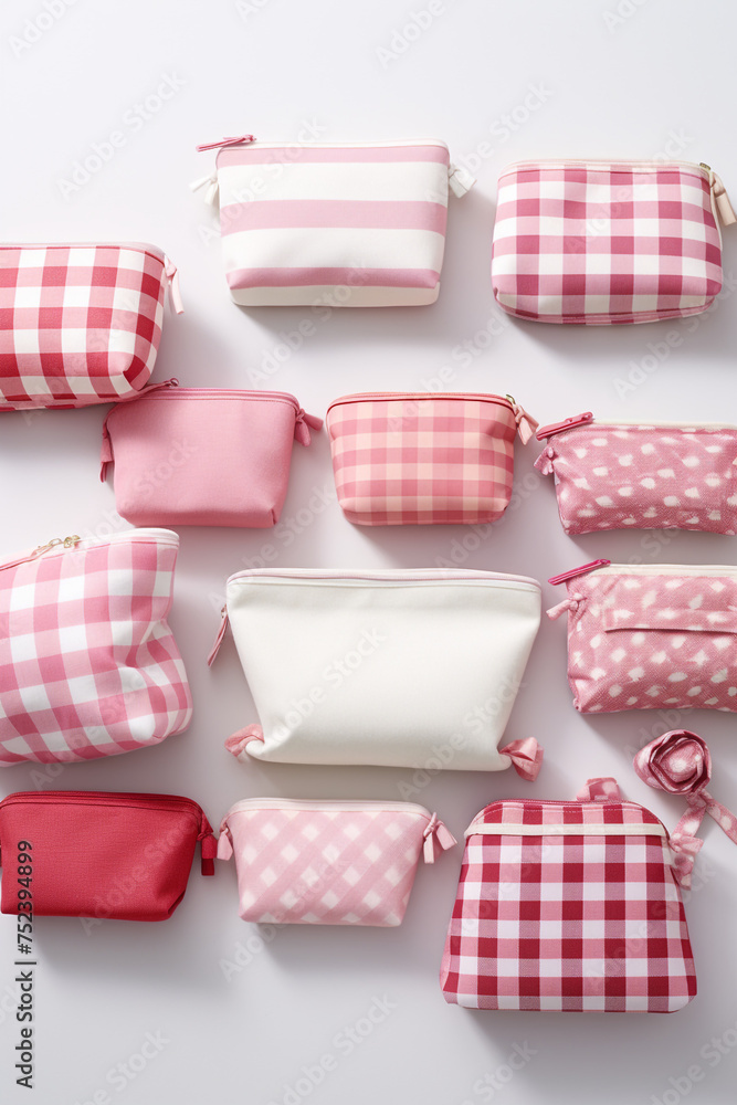 Cosmetic pouches in various sizes featuring gingham patterns сreated with Generative Ai Cosmetic pouches in various sizes featuring gingham patterns сreated with Generative Ai