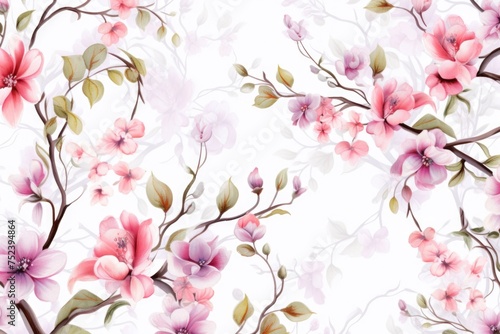 Floral pattern made of pink and beige roses  green leaves  branches on white background. Flat lay  top view. Valentine s background