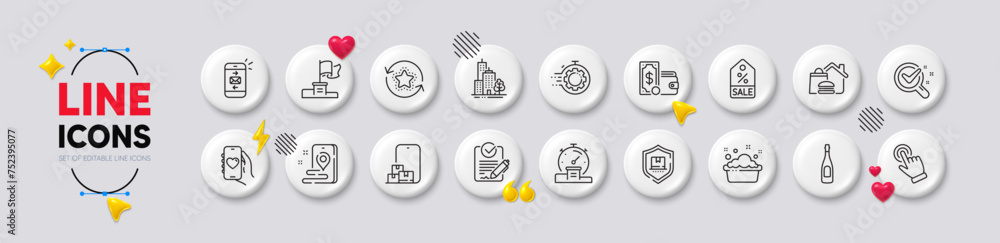Timer, Chemistry lab and Champagne line icons. White buttons 3d icons. Pack of Winner flag, Seo timer, Cursor icon. Package protection, Loyalty points, Mail pictogram. Vector Timer, Chemistry lab and Champagne line icons. White buttons 3d icons. Pack of Winner flag, Seo timer, Cursor icon. Package protection, Loyalty points, Mail pictogram. Vector