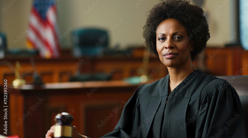 African American woman judge in black robe in court. Copy space. African American woman judge in black robe in court. Copy space.
