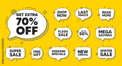 Offer speech bubble icons. Get Extra 70 percent off Sale. Discount offer price sign. Special offer symbol. Save 70 percentages. Extra discount chat offer. Speech bubble discount banner. Vector