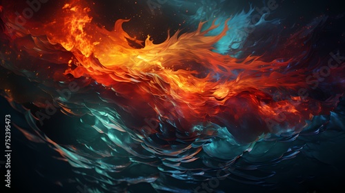 Crimson red and cosmic teal liquids clash, producing a mesmerizing burst of energy that paints the air with vibrant abstract patterns. HD camera captures the intense collision with precision