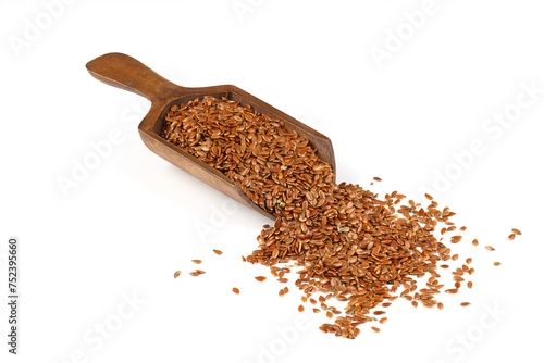 Vegetarian organic nutrition flax seeds in scoop on white background
