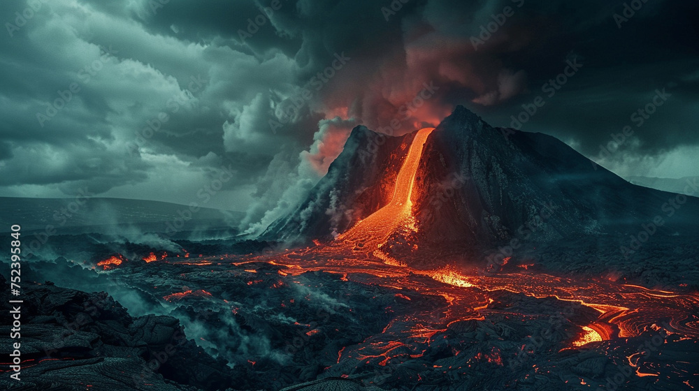 Dramatic volcanic eruption under a dark ominous sky with vibrant streams of lava illuminating the scene