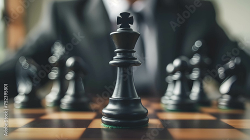 king chess on the board and background is businessman, investing and doing business like playing chess, plan and define strategies concept