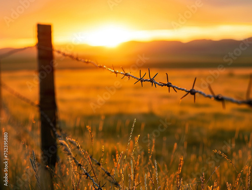 Golden hour over a country meadow barbed wire boundary in focus emphasizing the importance of preserving natural landscapes