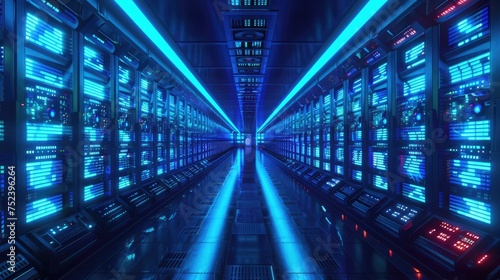 Futuristic server room with rows of illuminated racks, representing high-tech data center infrastructure